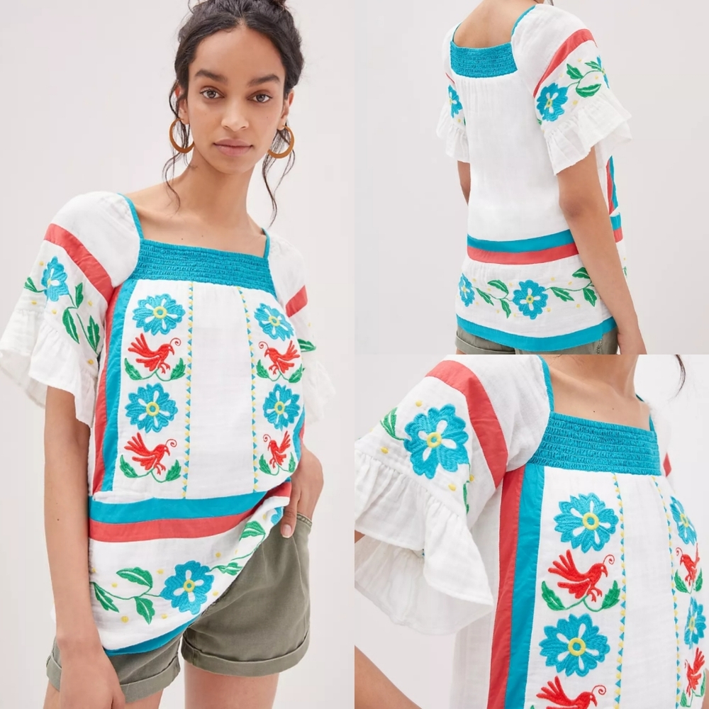 Embroidered White Peasant Top with Turquoise Accents